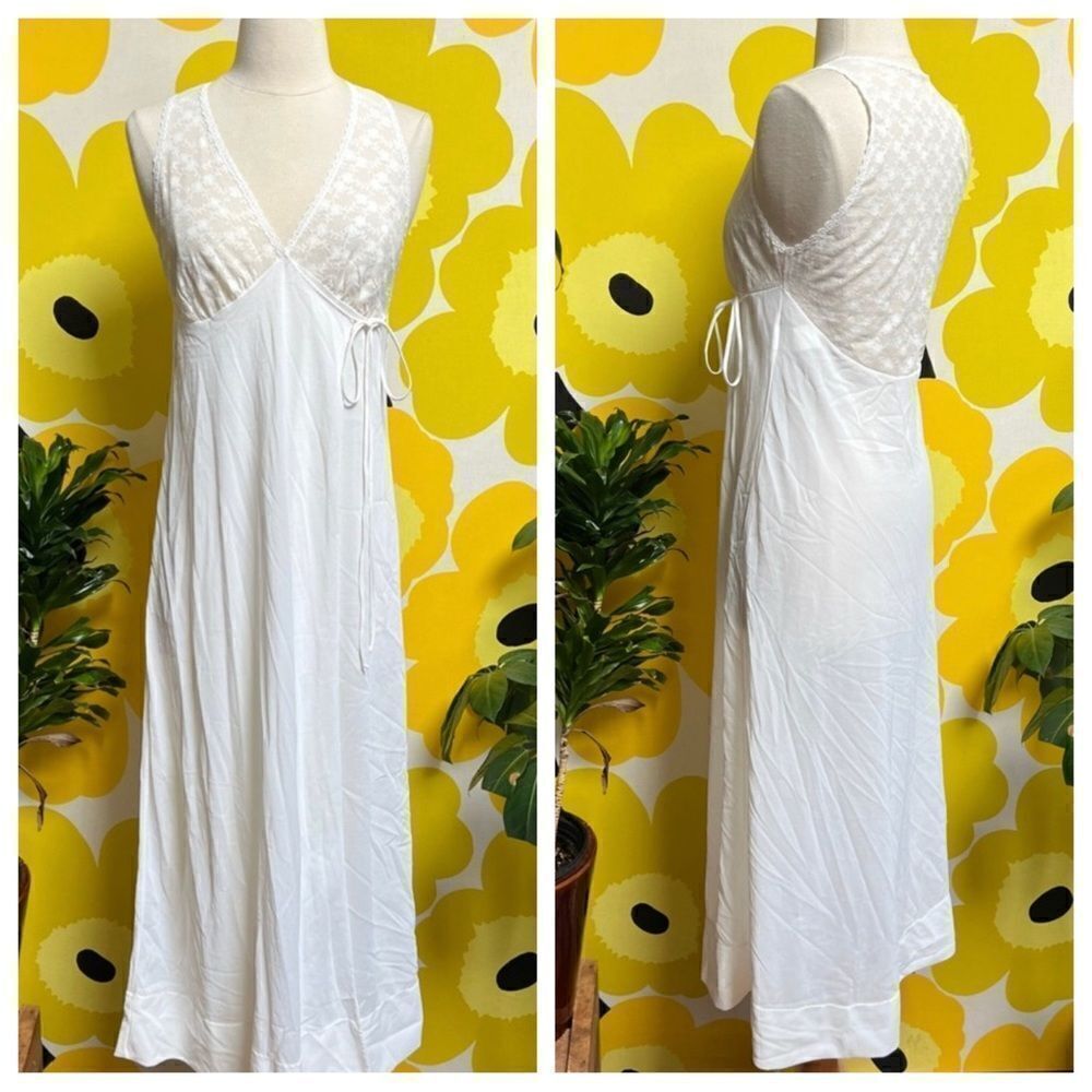 Dreamy Vintage 70s Semi Sheer Lace Back Wrap Tie Lingerie Slip Crepe Nightgown